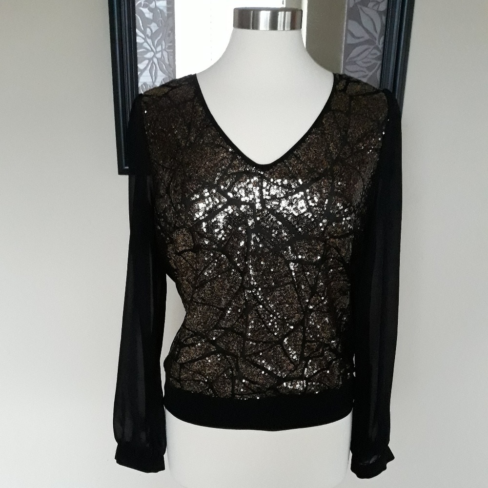 Gibson Latimer gold and blk dressy blouse
